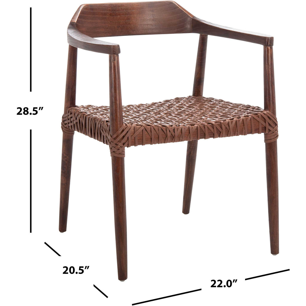 Compact 20.5 x 22 x 28.5-inch proportions pair walnut-finished wood with woven cognac leather