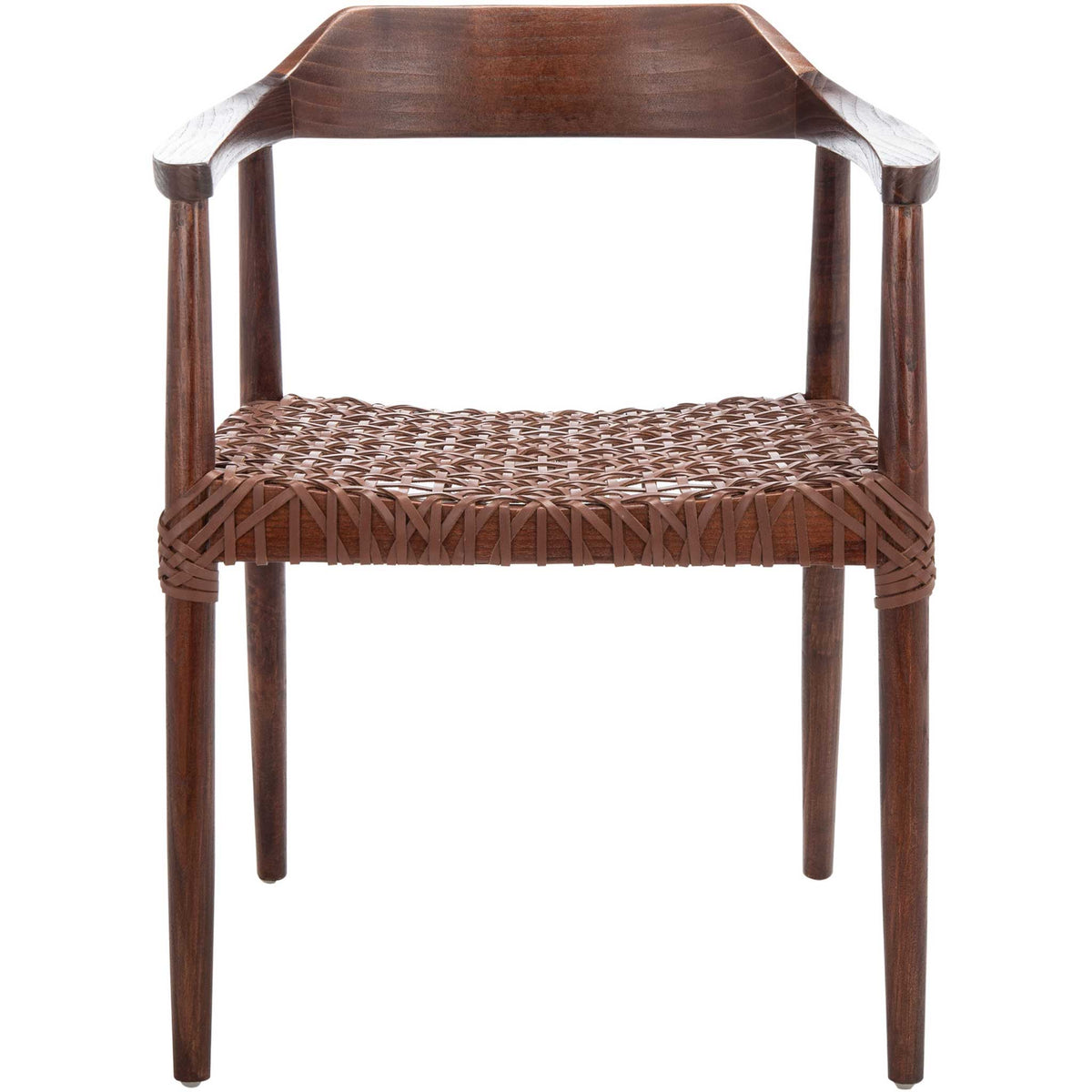 A richly woven cognac leather seat adds texture beneath a sculpted wood backrest || ACH1005C || front_studio