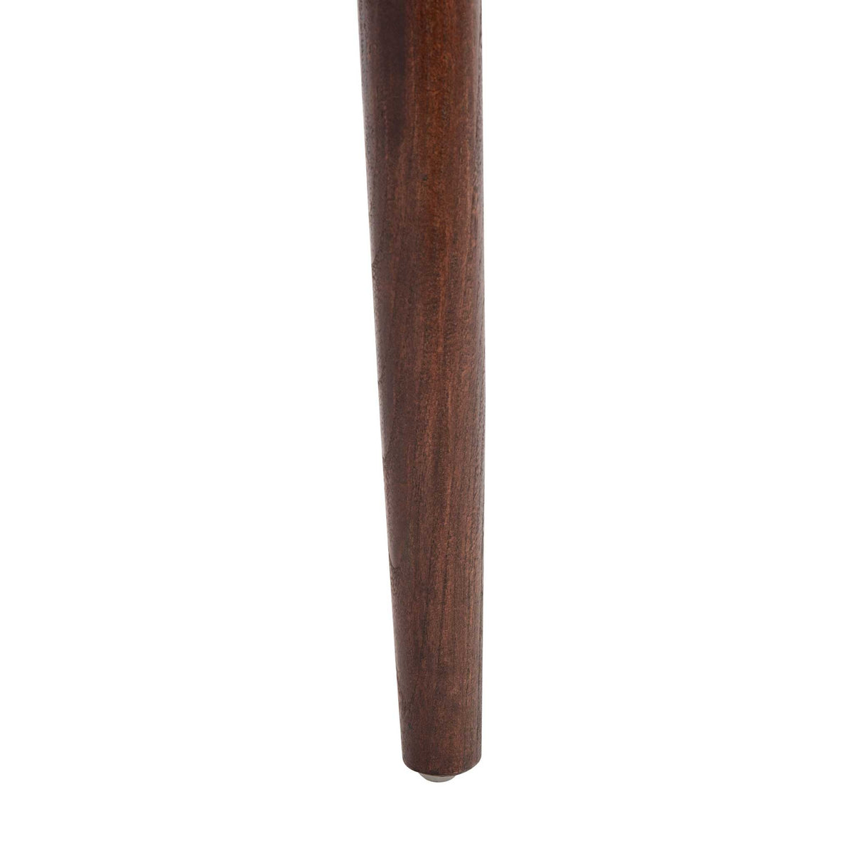 A gently tapered wood leg shows a rich walnut finish and rounded foot