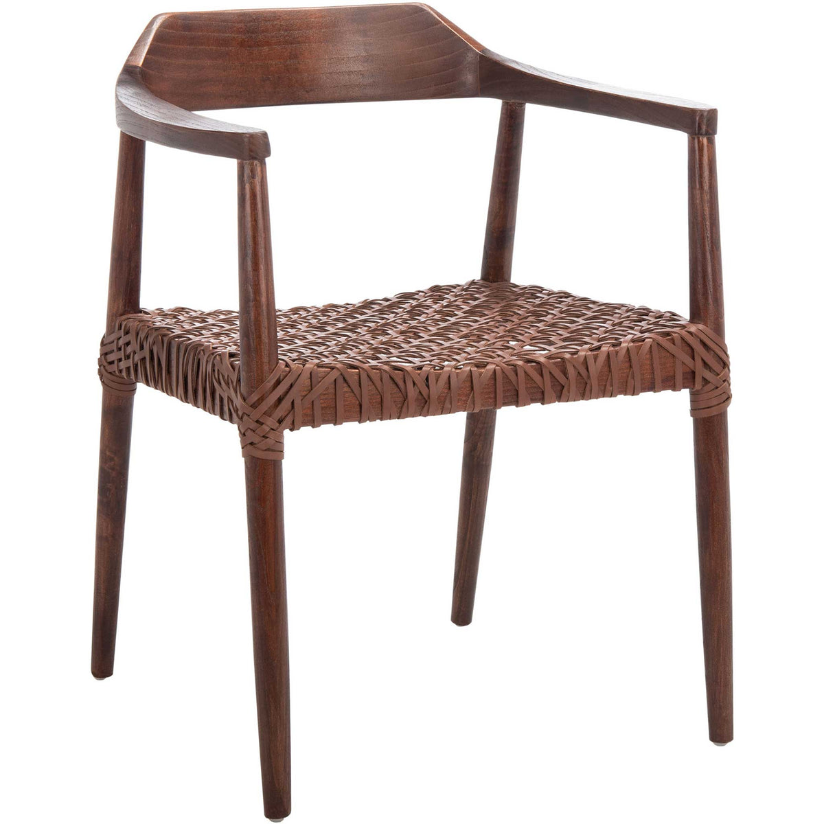 Cognac leather weaving warms a dark walnut-finished wood frame with curved arms || ACH1005C || front_angle_studio