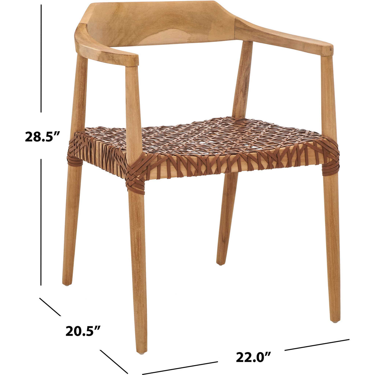 Compact 20.5 x 22 x 28.5-inch sizing complements teak and woven brown leather