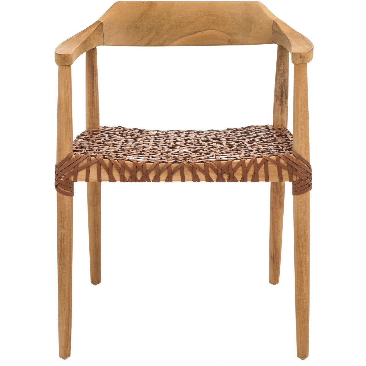 A woven brown leather seat adds earthy texture beneath gracefully sloping teak arms || ACH1005D || front_studio