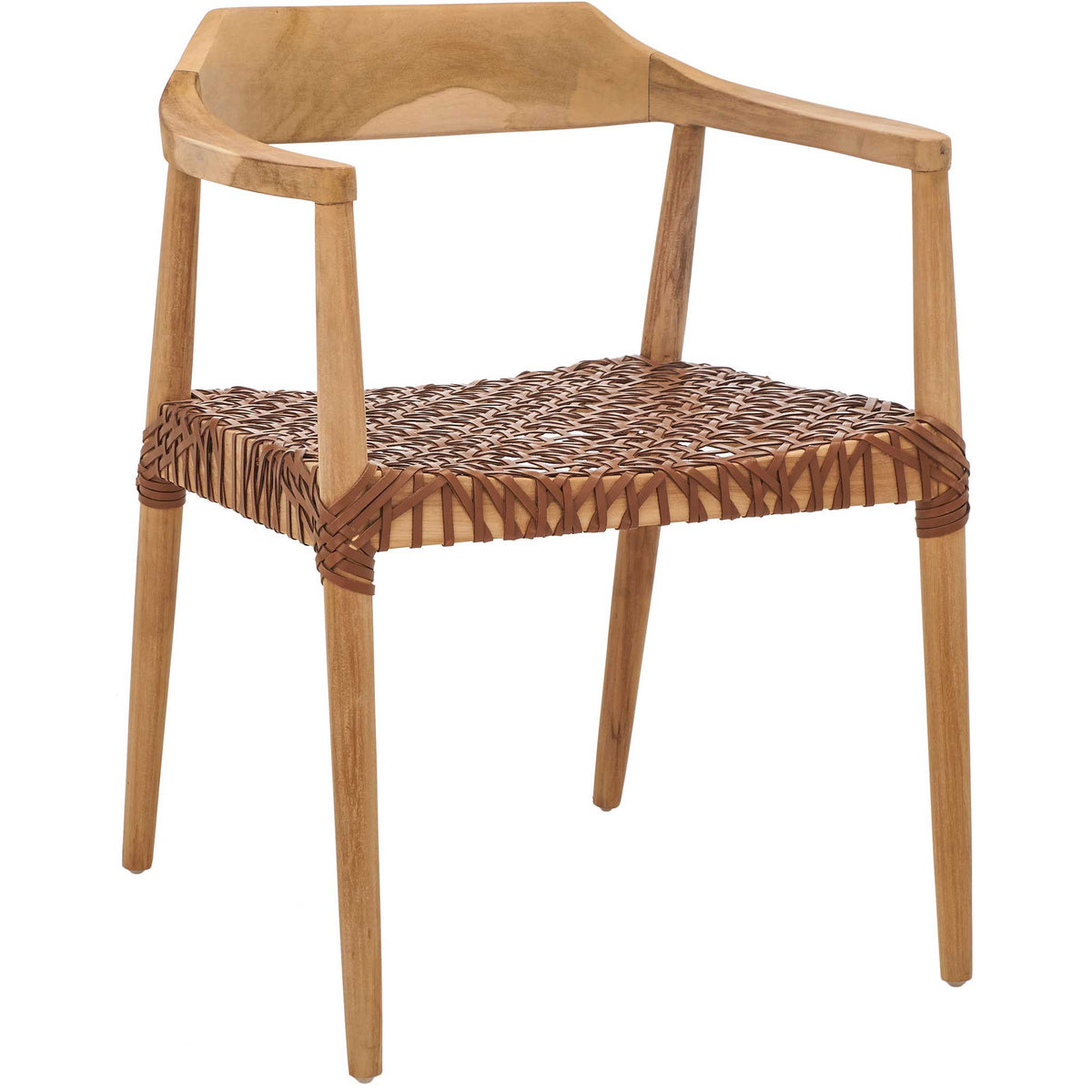 Warm teak frames a honey-brown leather seat with crisscrossed wraps at the corners || ACH1005D || front_angle_studio