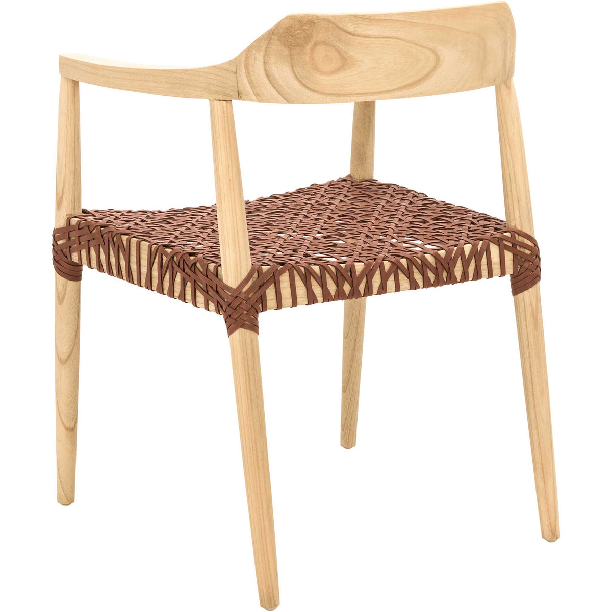Pale wood grain and crisscrossed leather wraps accent the chair's sculpted backrest