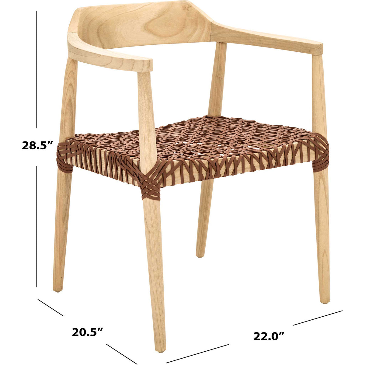 Compact 20.5 x 22 x 28.5-inch proportions pair natural wood with woven brown leather