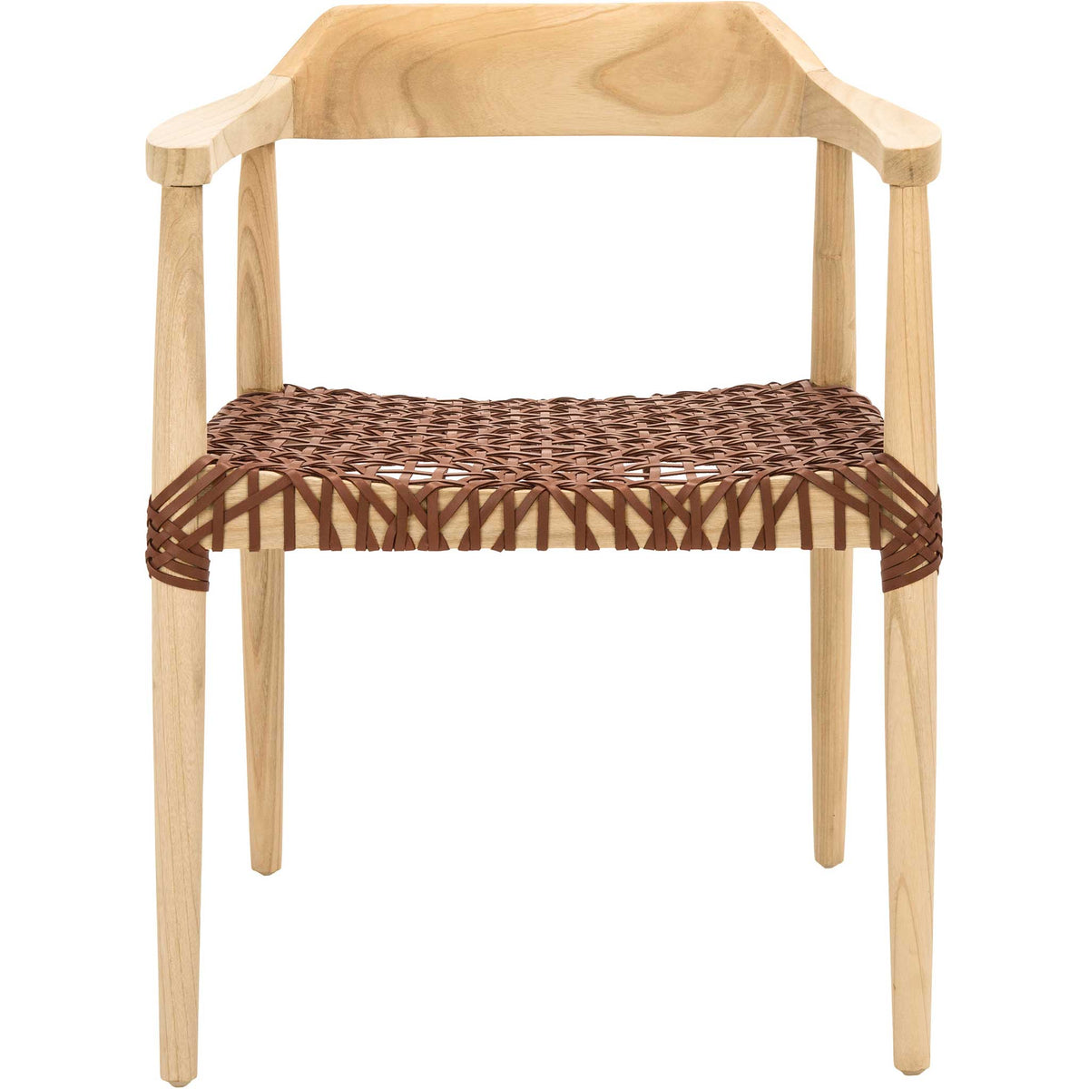 A lattice-woven leather seat and crisscrossed edge wraps add texture to a light wood chair || ACH1005E || front_studio