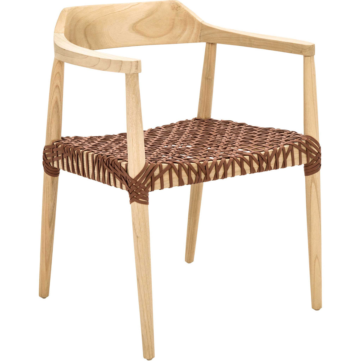 Warm honey-brown leather weaving softens a pale sungkai wood frame with gently curved arms || ACH1005E || front_angle_studio