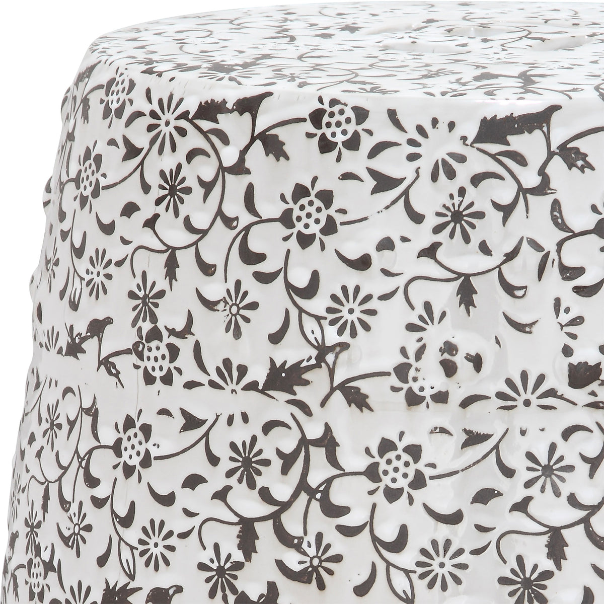 Delicate flowers and curling vines cover the white ceramic top and curved sides. || ACS4511A || swatch_studio
