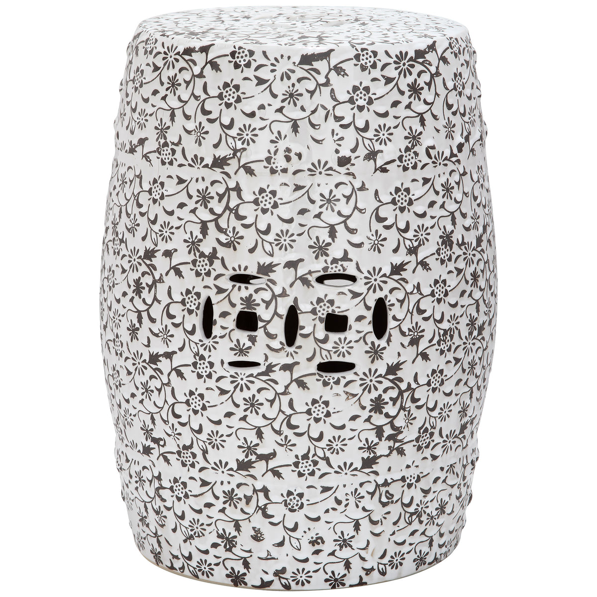 Barrel-shaped white ceramic garden stool pairs dark floral vines with decorative cutouts. || ACS4511A || front_angle_studio
