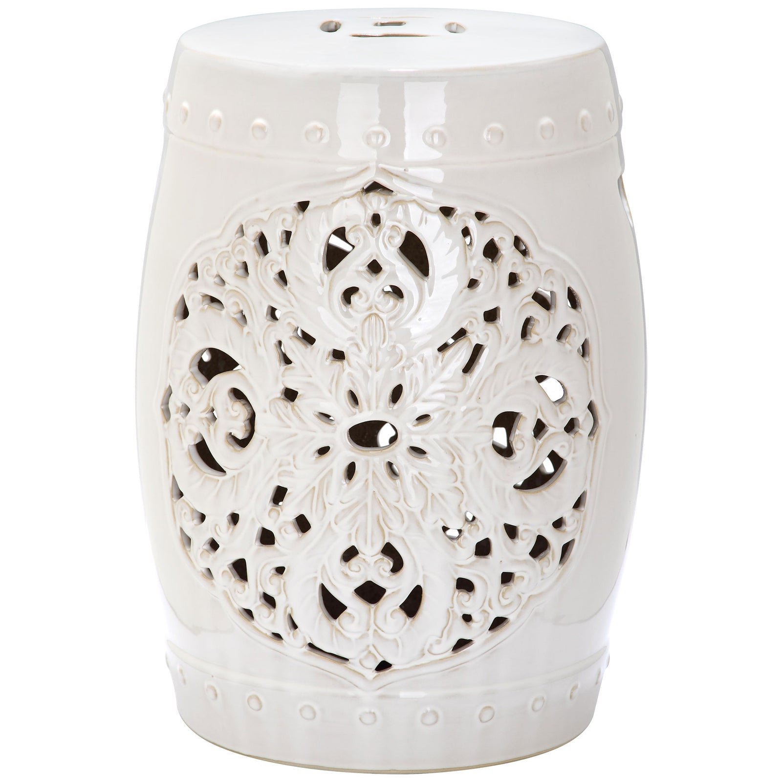 Cream glazed ceramic garden stool with an intricate openwork floral medallion and raised dot borders. || ACS4527B || front_studio