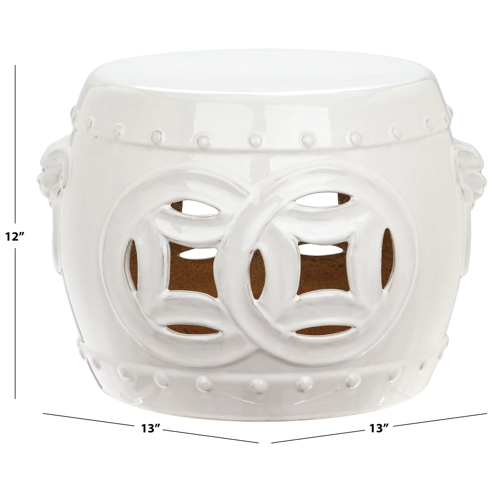 Antique white ceramic garden stool measures 13 inches wide and 12 inches high, with open coin motifs. || ACS4534A || dimension_studio