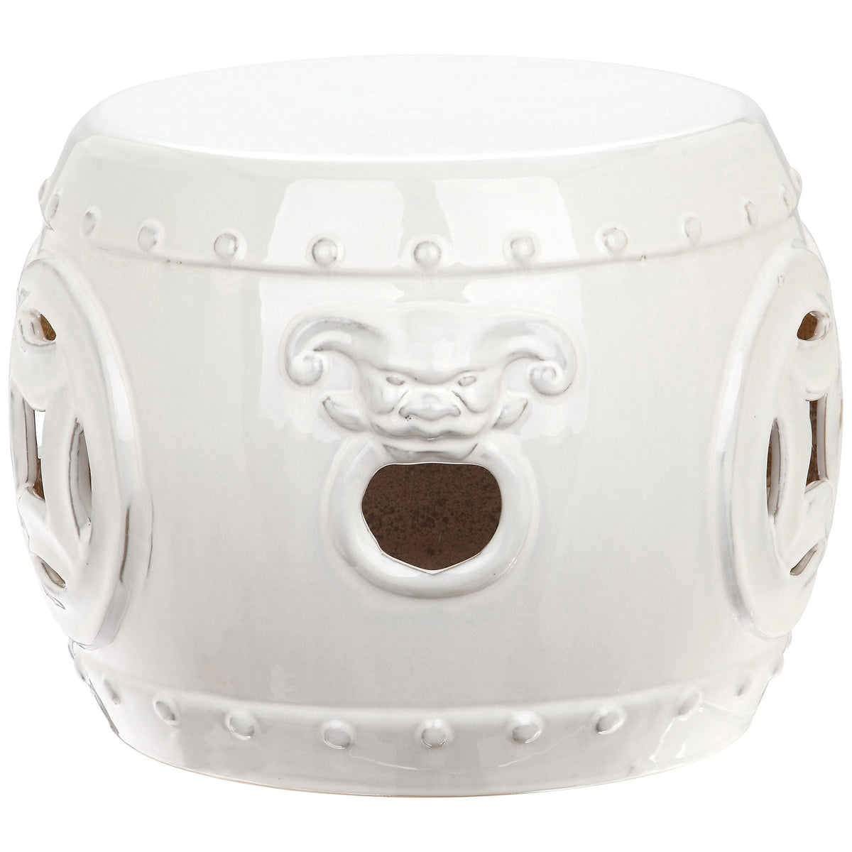 Antique white glazed stool features a sculpted face accent, circular opening and coin-cutout sides.