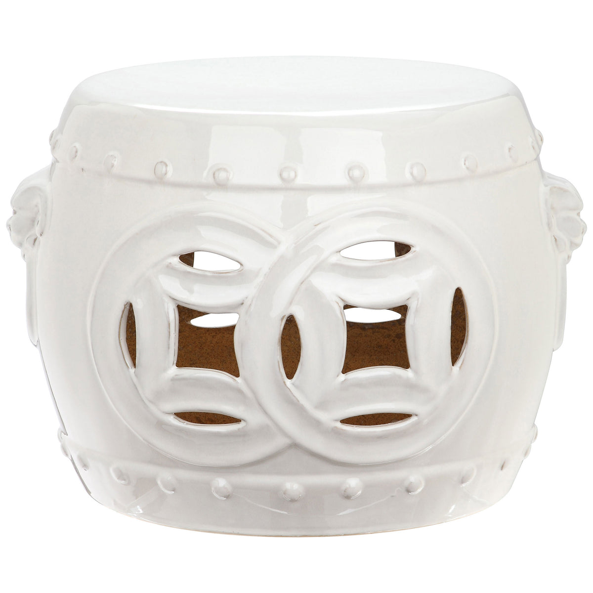 Antique white ceramic stool pairs intertwined coin cutouts with a smooth round top and beaded bands. || ACS4534A || front_studio