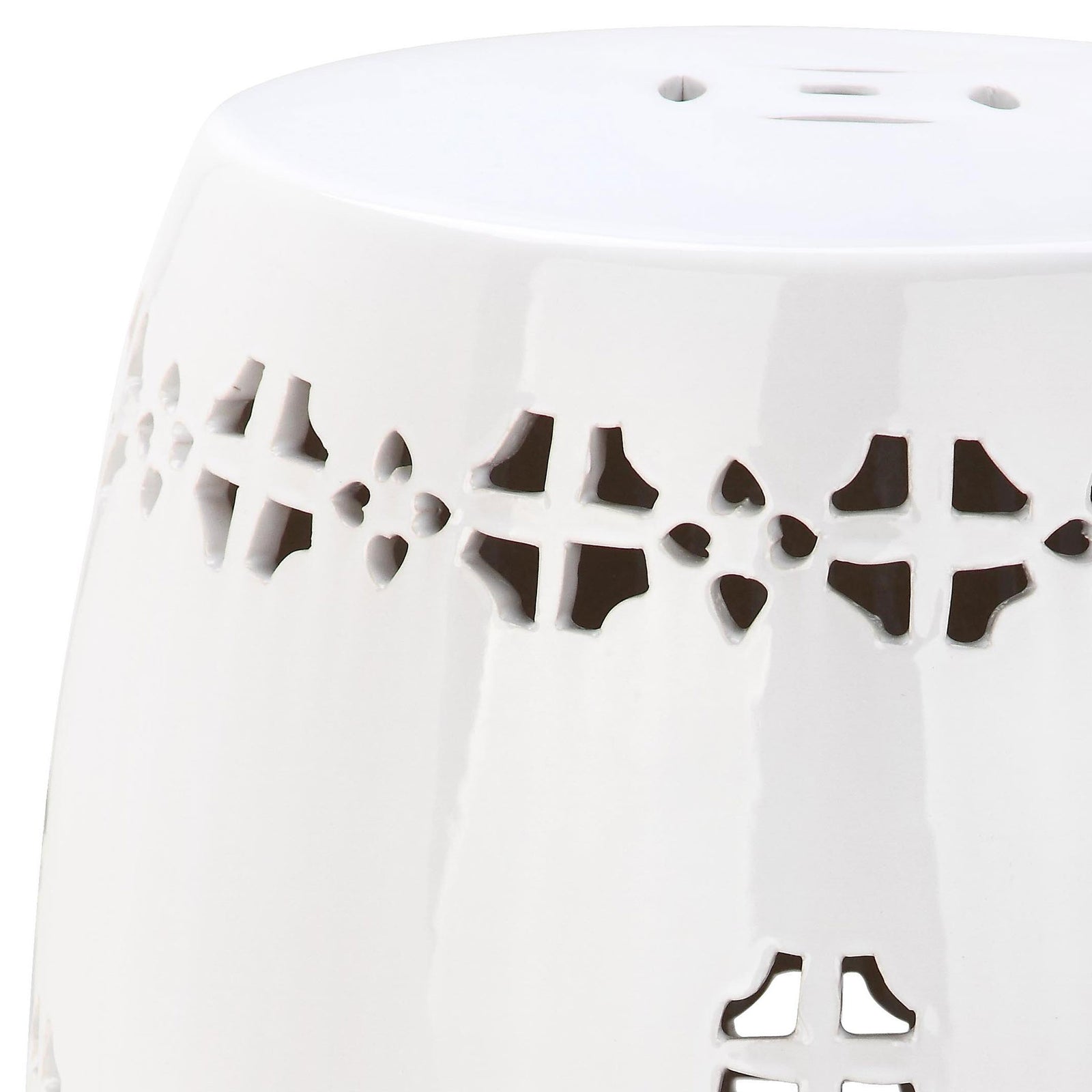 Glossy ceramic and decorative quatrefoil cutouts accent the stool's curved surface || ACS4535A || detail_studio