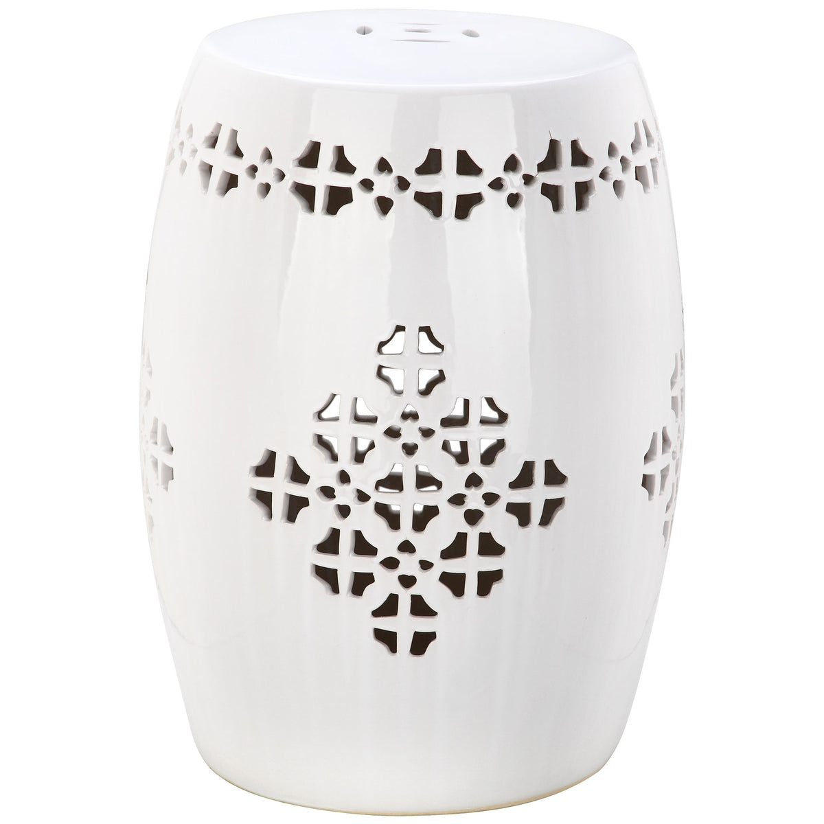 Glazed ceramic garden stool with a smooth top and intricate quatrefoil openings || ACS4535A || front_angle_studio