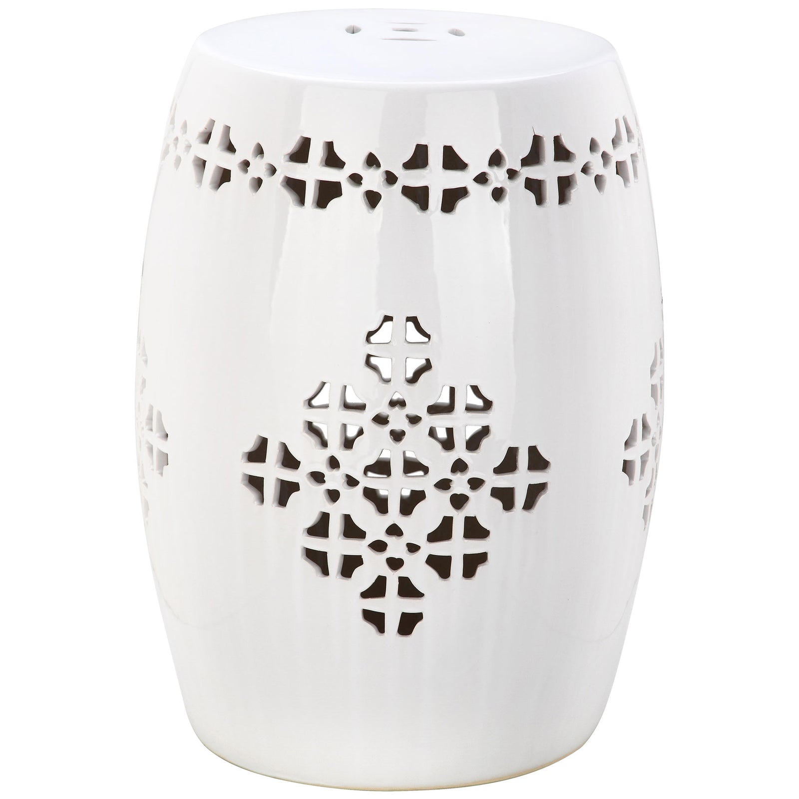 Glazed ceramic garden stool with a smooth top and intricate quatrefoil openings || ACS4535A || front_angle_studio
