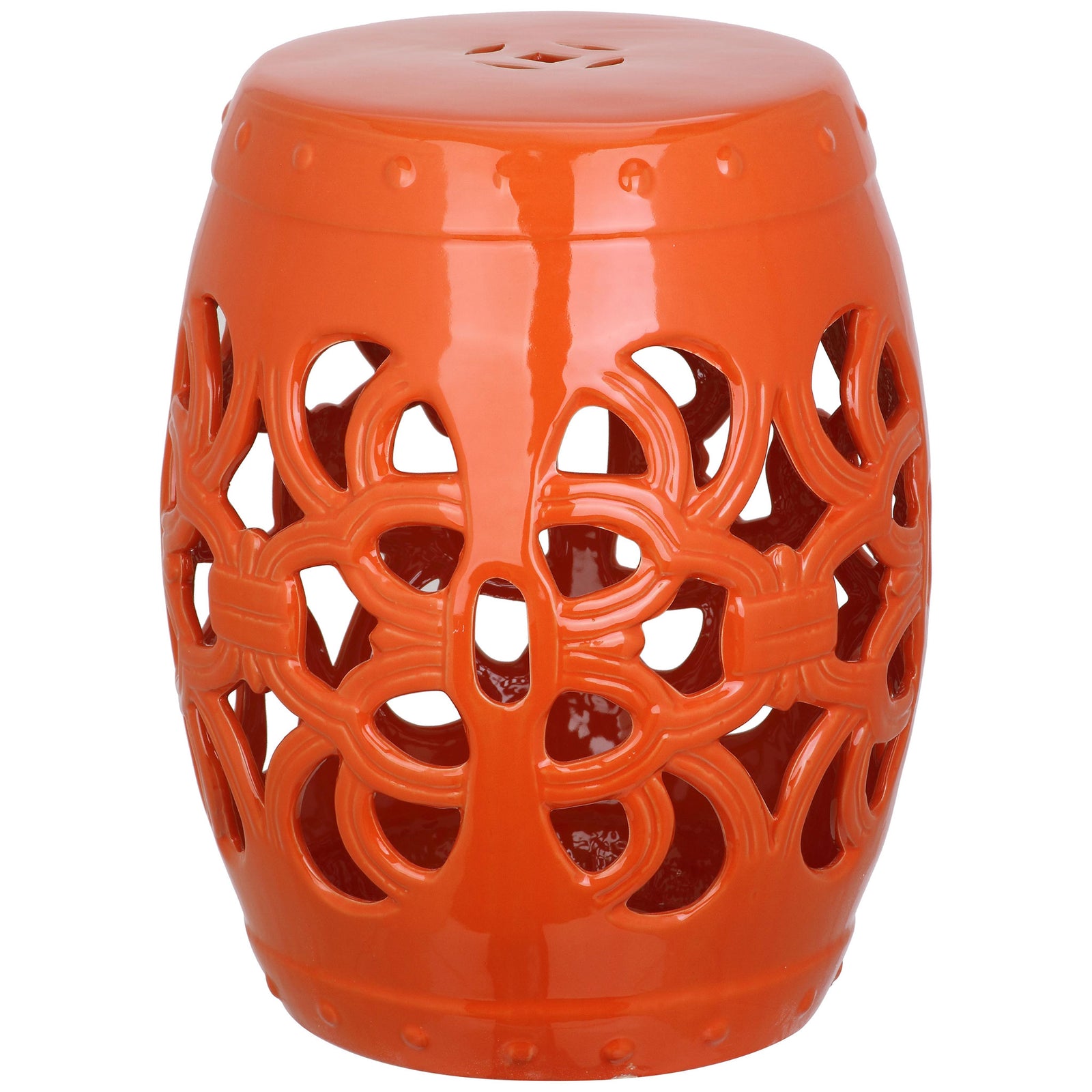 Orange ceramic garden stool with an open vine lattice and decorative dotted bands || ACS4539D || front_studio