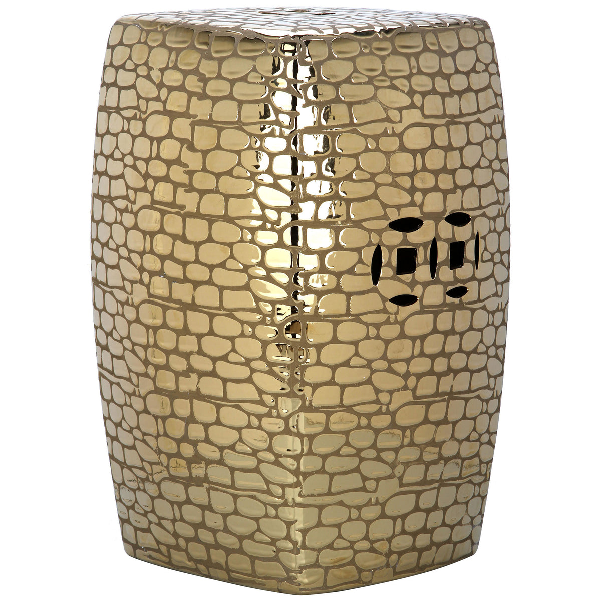 Barrel-shaped ceramic garden stool features a glossy gold finish and mosaic-like pattern || ACS4544A || front_studio