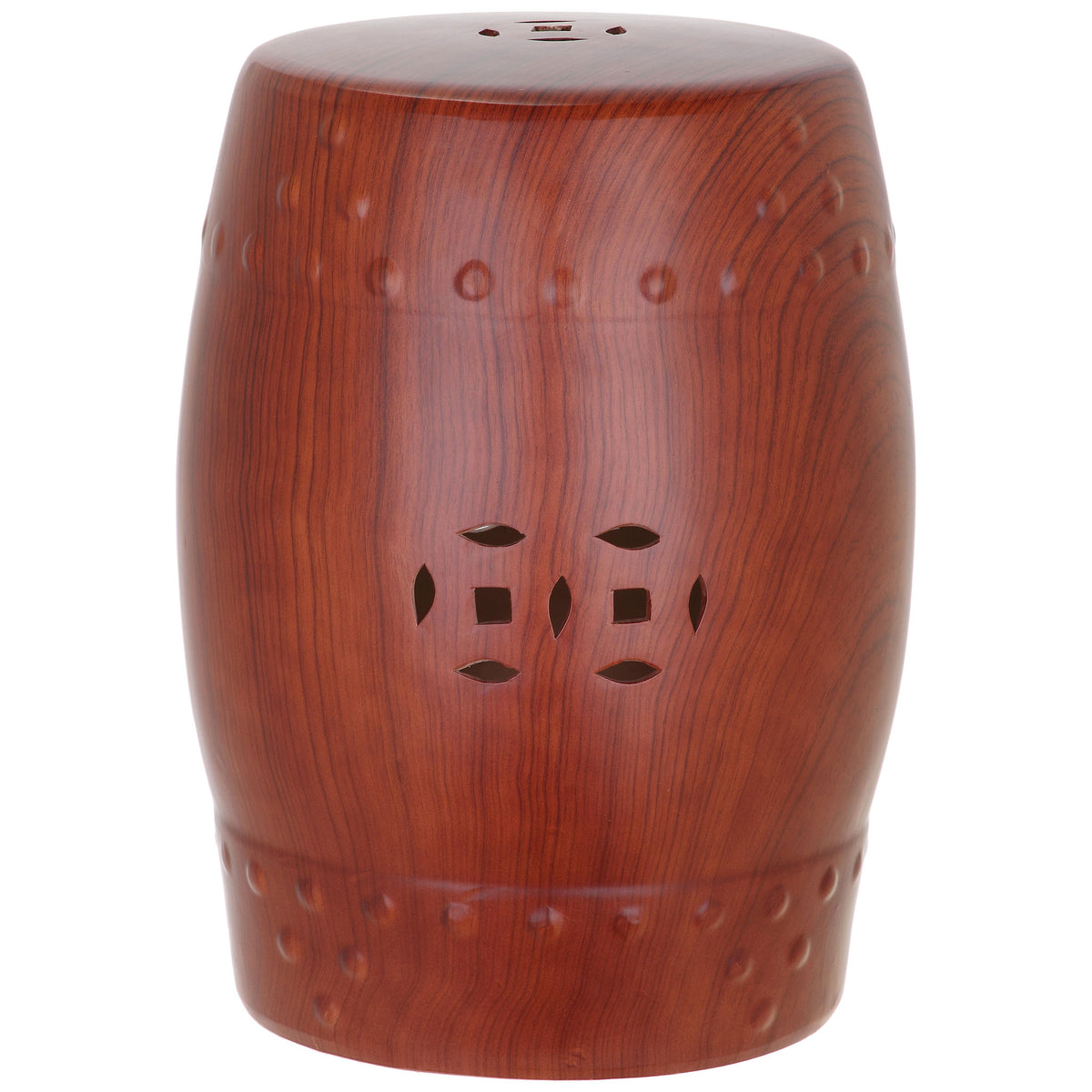 A rich red ceramic garden stool features a wood-grain finish, pierced coin motifs, and studded bands. || ACS4552C || front_studio