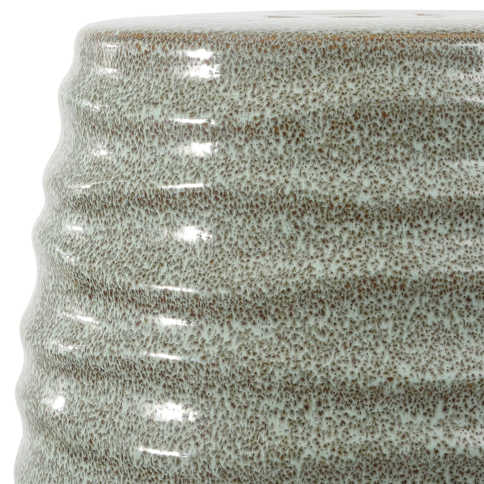 Light blue-gray glaze and fine brown speckling accent the stool's sculpted horizontal ridges. || ACS4575B || detail_studio