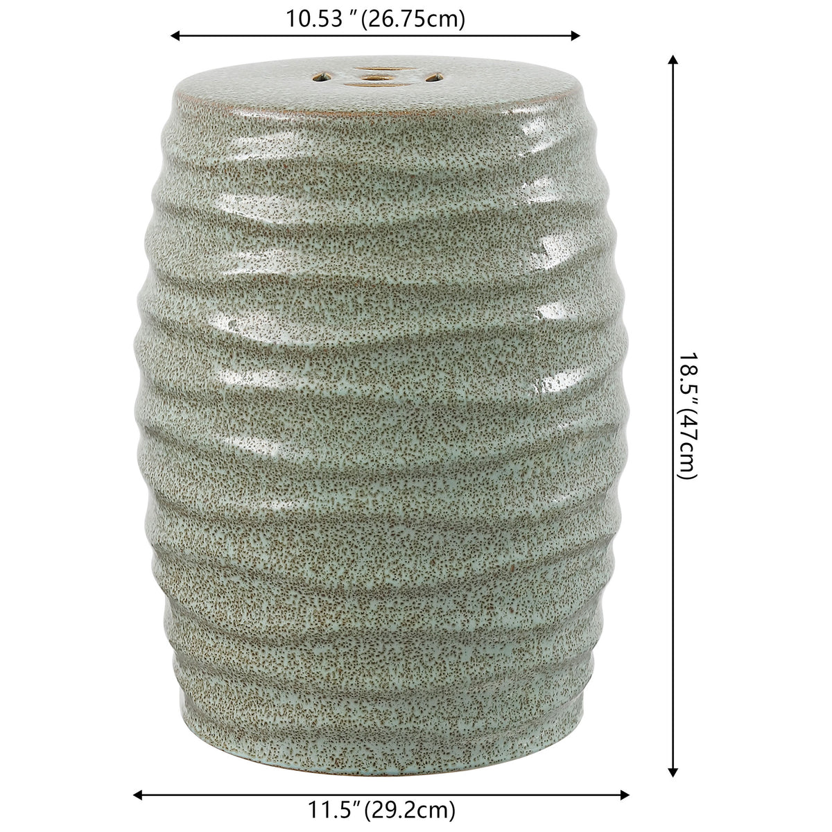 Ribbed ceramic garden stool measures 18.5 inches tall and 11.5 inches wide at the base. || ACS4575B || dimension_studio