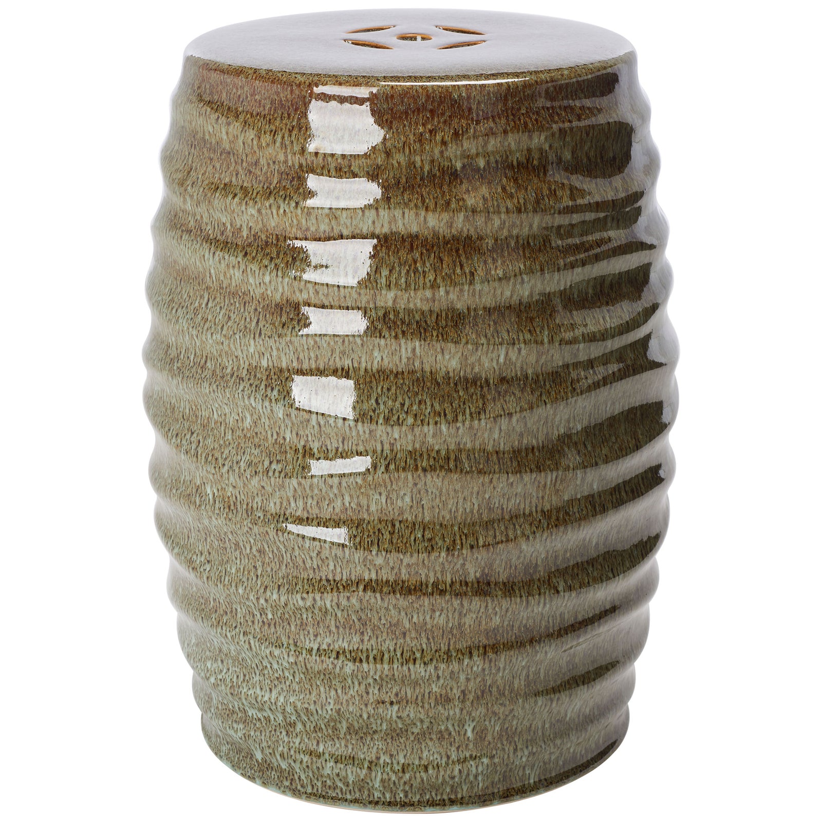Glossy brown ceramic garden stool features a ribbed barrel shape and a perforated round seat. || ACS4575B || front_studio