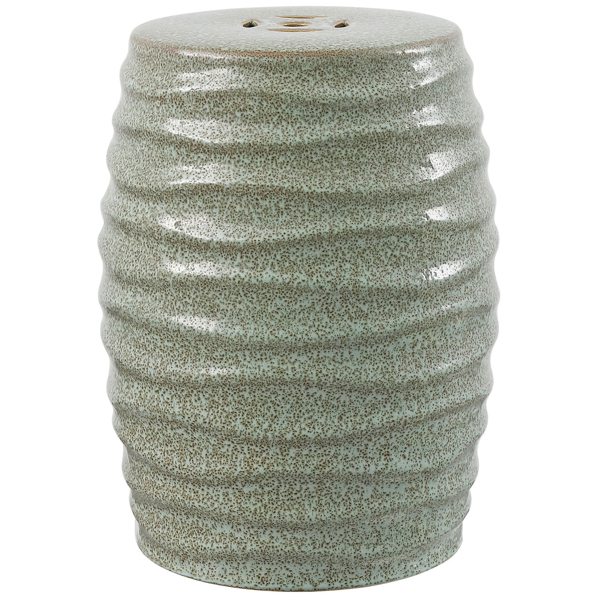 Pale blue-gray ceramic garden stool pairs a speckled glaze with a sculpted, ribbed silhouette. || ACS4575B || front_angle_studio