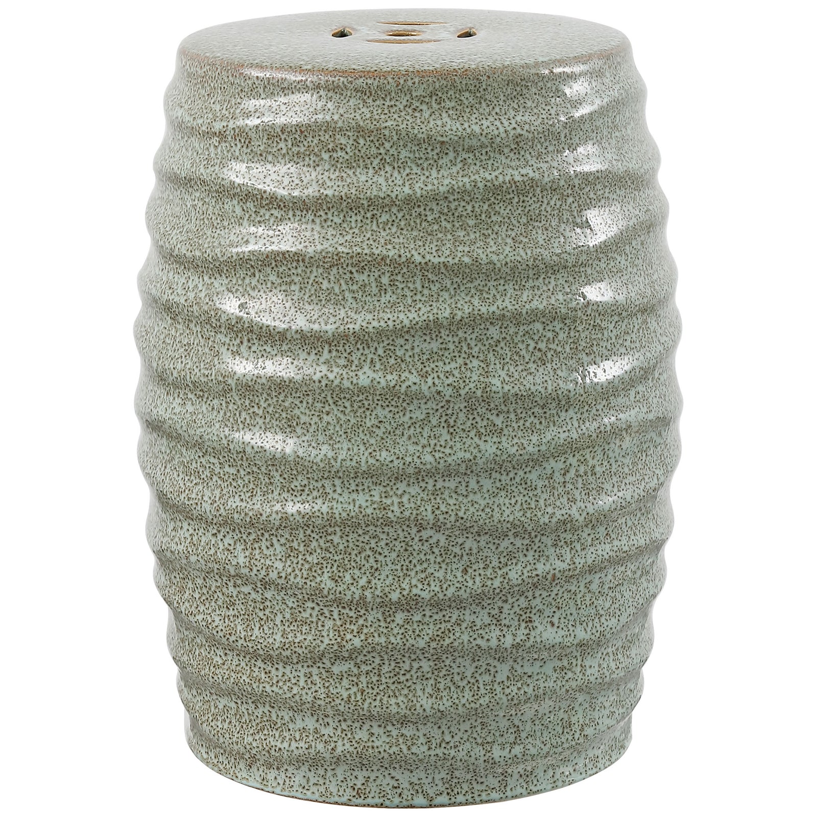 Pale blue-gray ceramic garden stool pairs a speckled glaze with a sculpted, ribbed silhouette. || ACS4575B || front_angle_studio