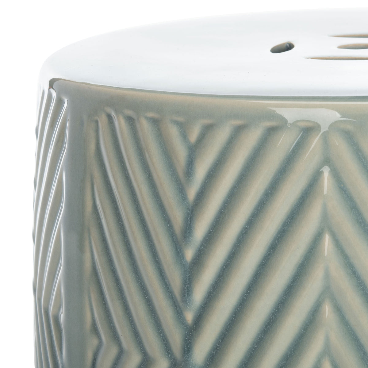 A glossy blue ceramic rim meets raised chevron lines beneath a smooth, pierced top. || ACS4578A || detail_studio
