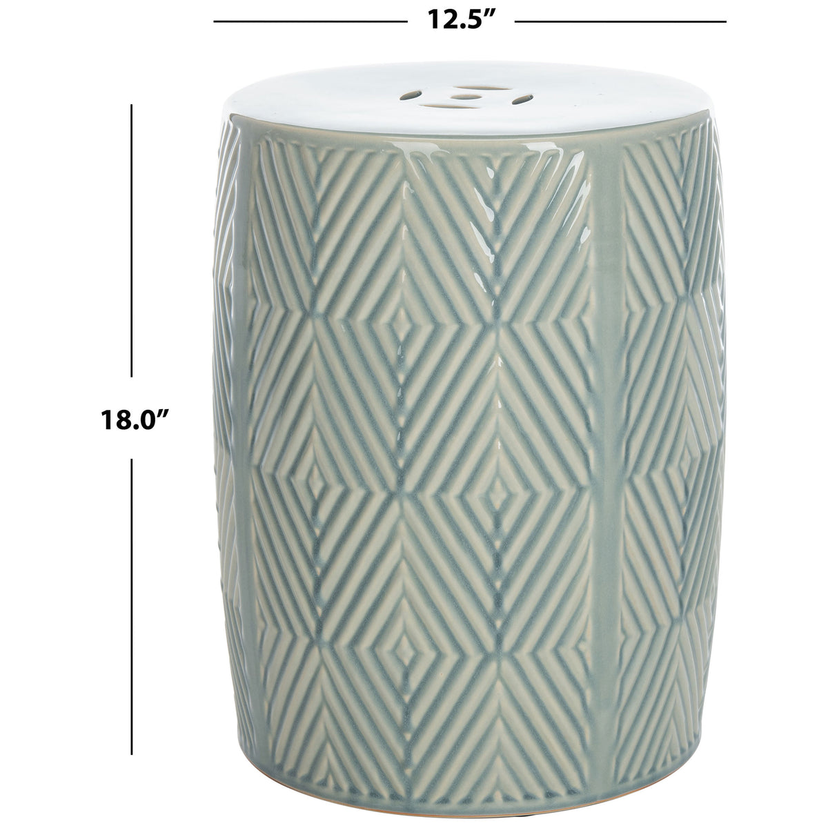 A blue ceramic garden stool with raised diamond motifs measures 12.5 inches wide and 18 inches tall. || ACS4578A || dimension_studio