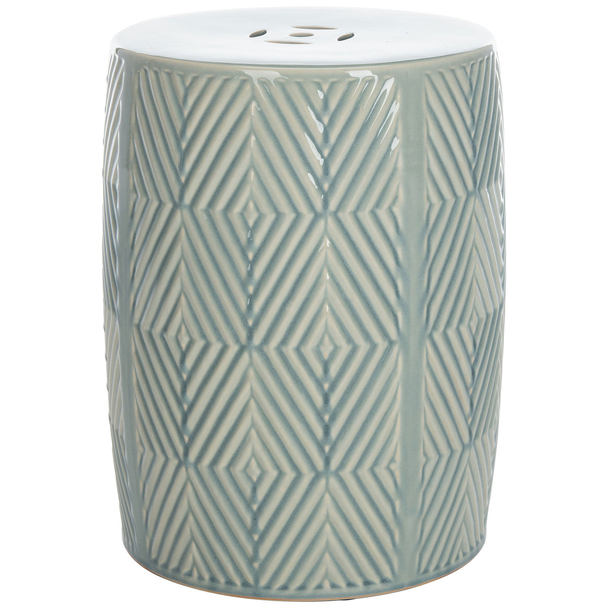 Raised diamond patterns wrap the pale blue ceramic garden stool beneath its pierced round seat. || ACS4578A || front_studio