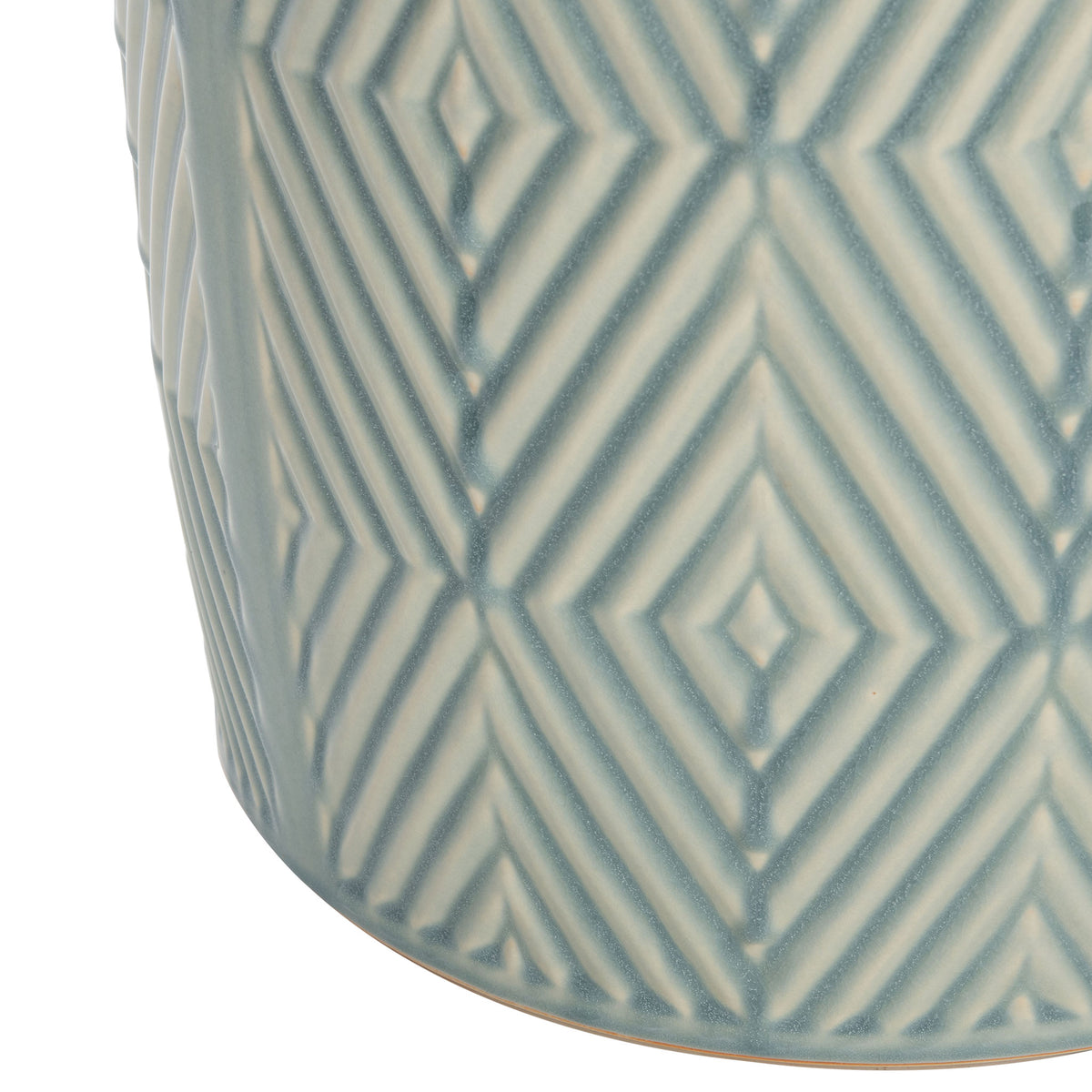 Textured blue glaze traces layered diamonds down to the stool's slim, unglazed bottom rim. || ACS4578A || detail_studio