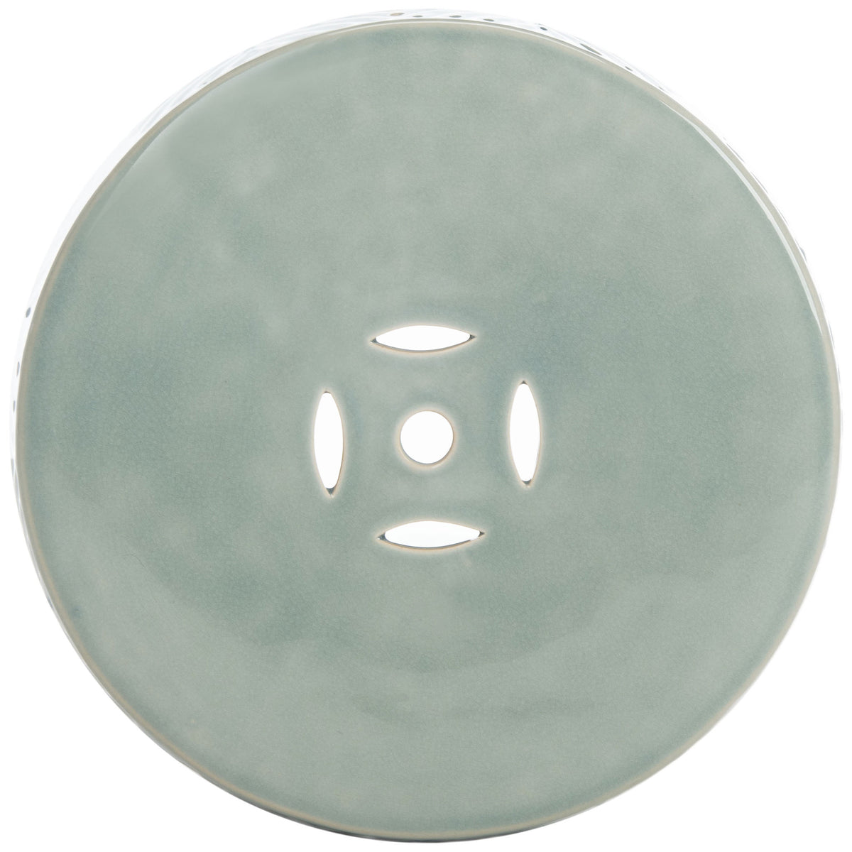 Five small cutouts form a flowerlike design in the stool's smooth blue ceramic top. || ACS4578A || top_studio