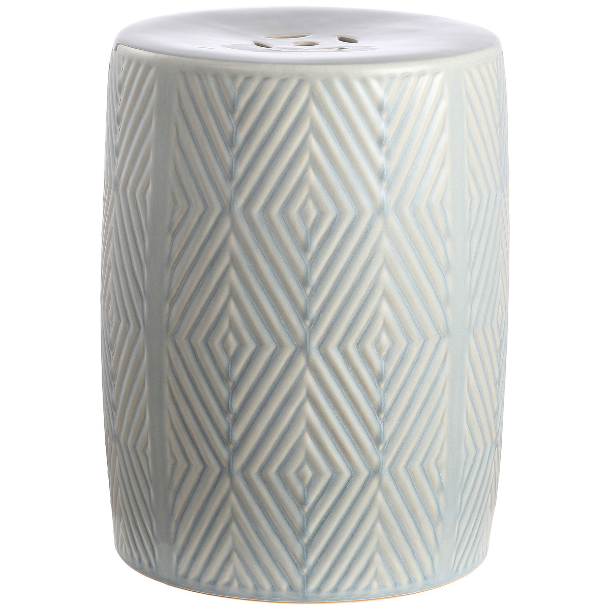 A gently tapered blue ceramic garden stool has a glossy finish and sculpted chevron sides. || ACS4578A || front_angle_studio