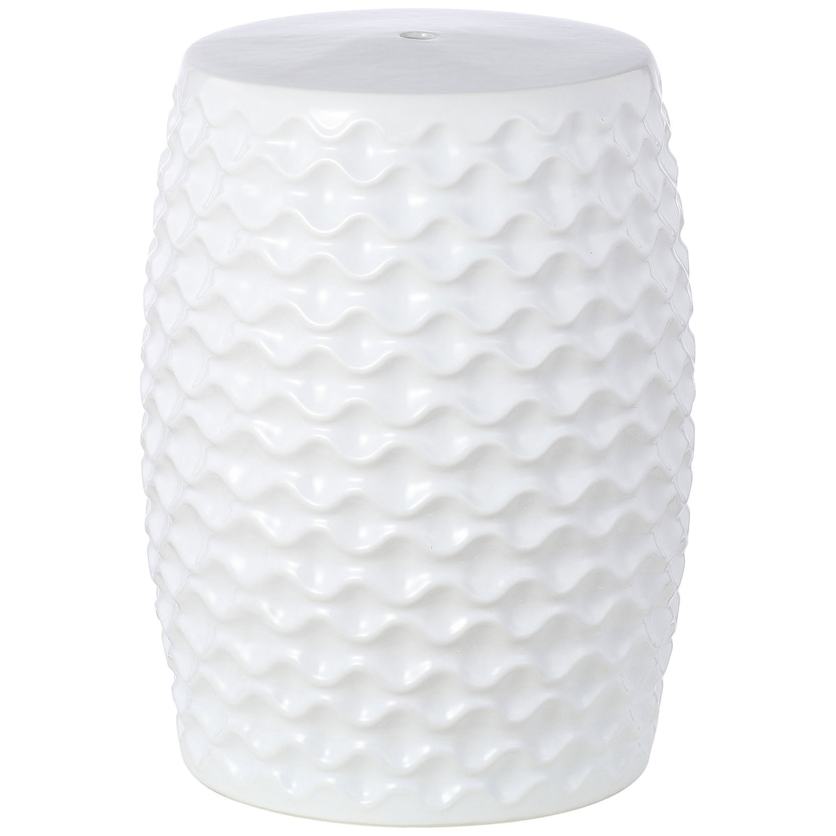 Glossy white ceramic garden stool has a sculpted, wavy texture and smooth round top || ACS4579A || front_studio