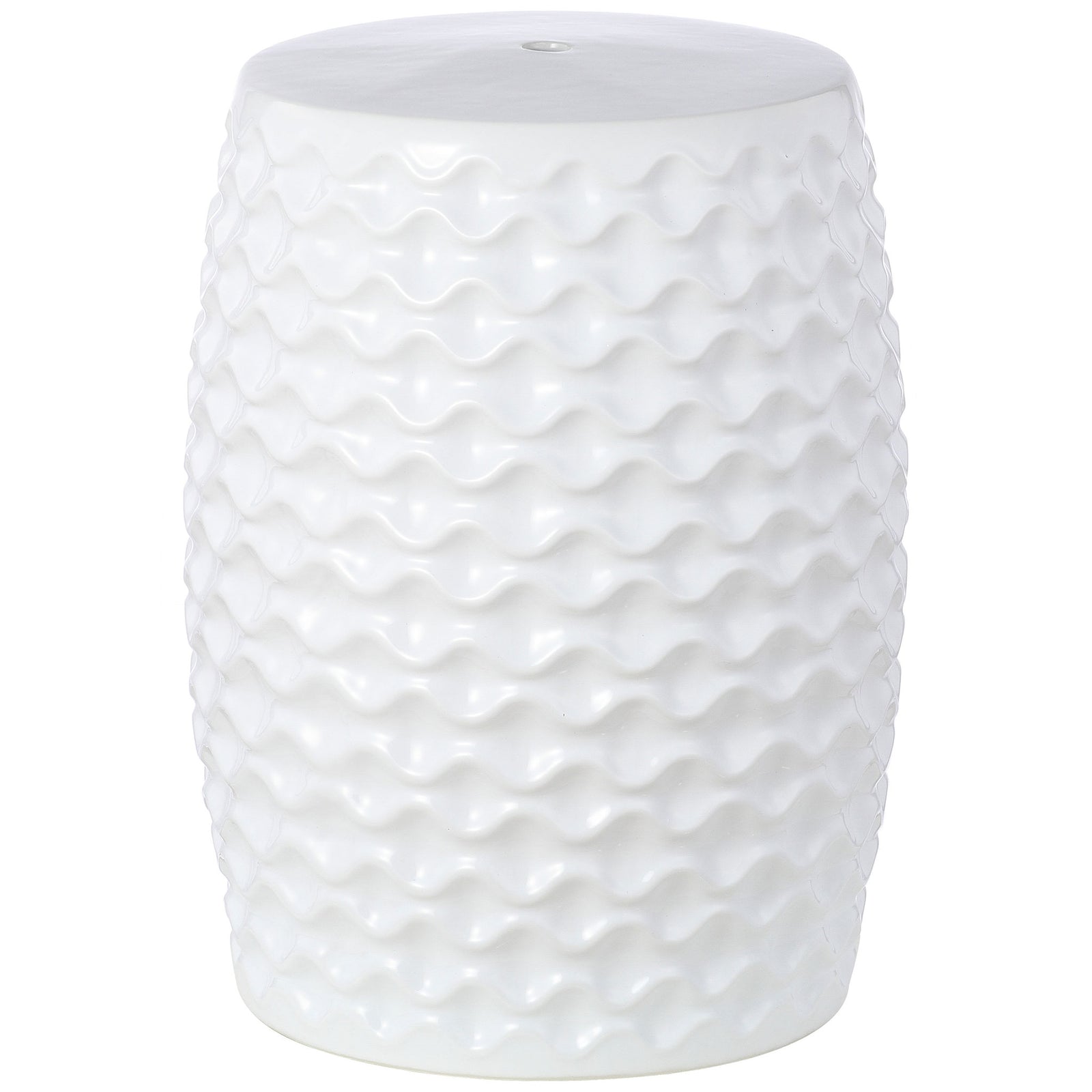 Glossy white ceramic garden stool has a sculpted, wavy texture and smooth round top || ACS4579A || front_studio