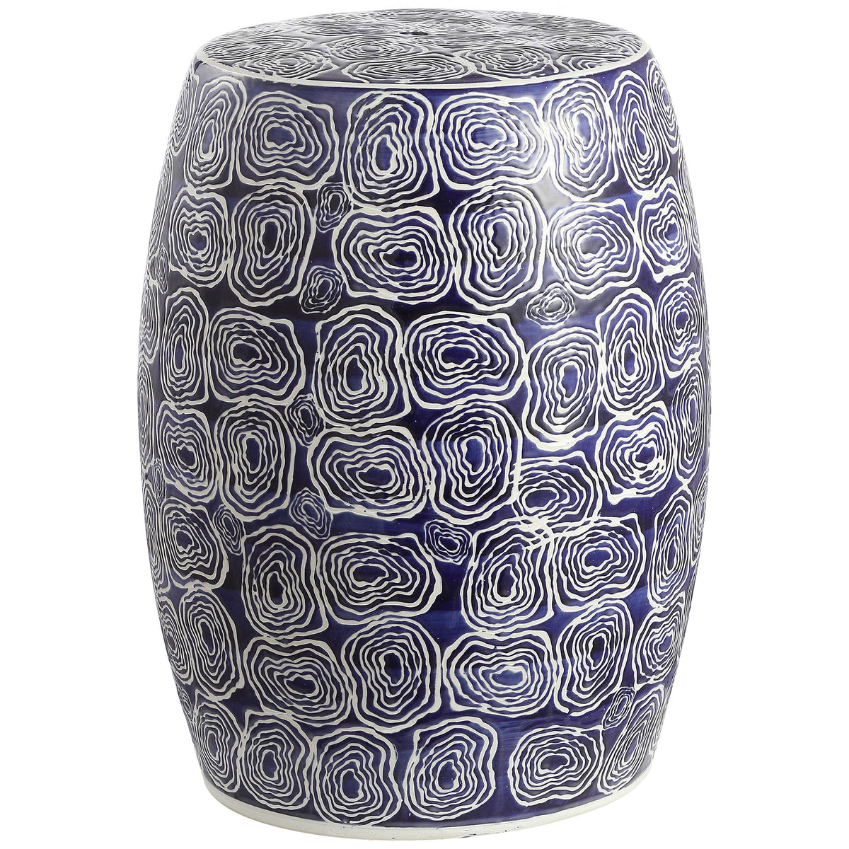 Blue and white ceramic garden stool with a rounded profile and concentric ring patterns || ACS4580A || front_studio