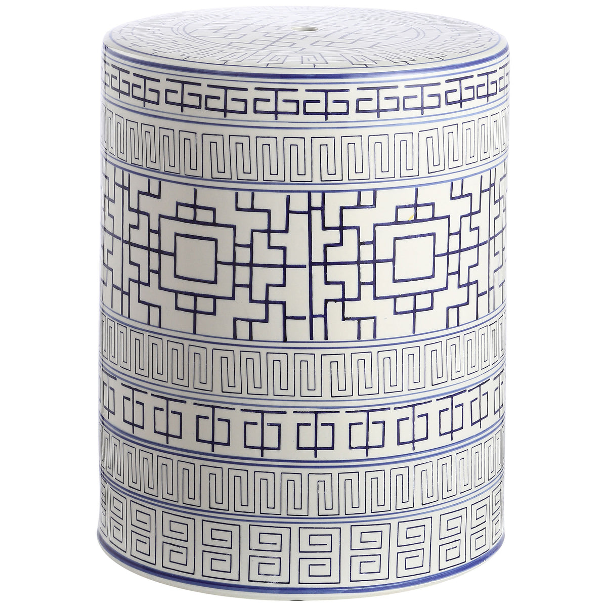 Blue and white glazed ceramic garden stool with intricate geometric bands and a round top || ACS4581A || front_studio
