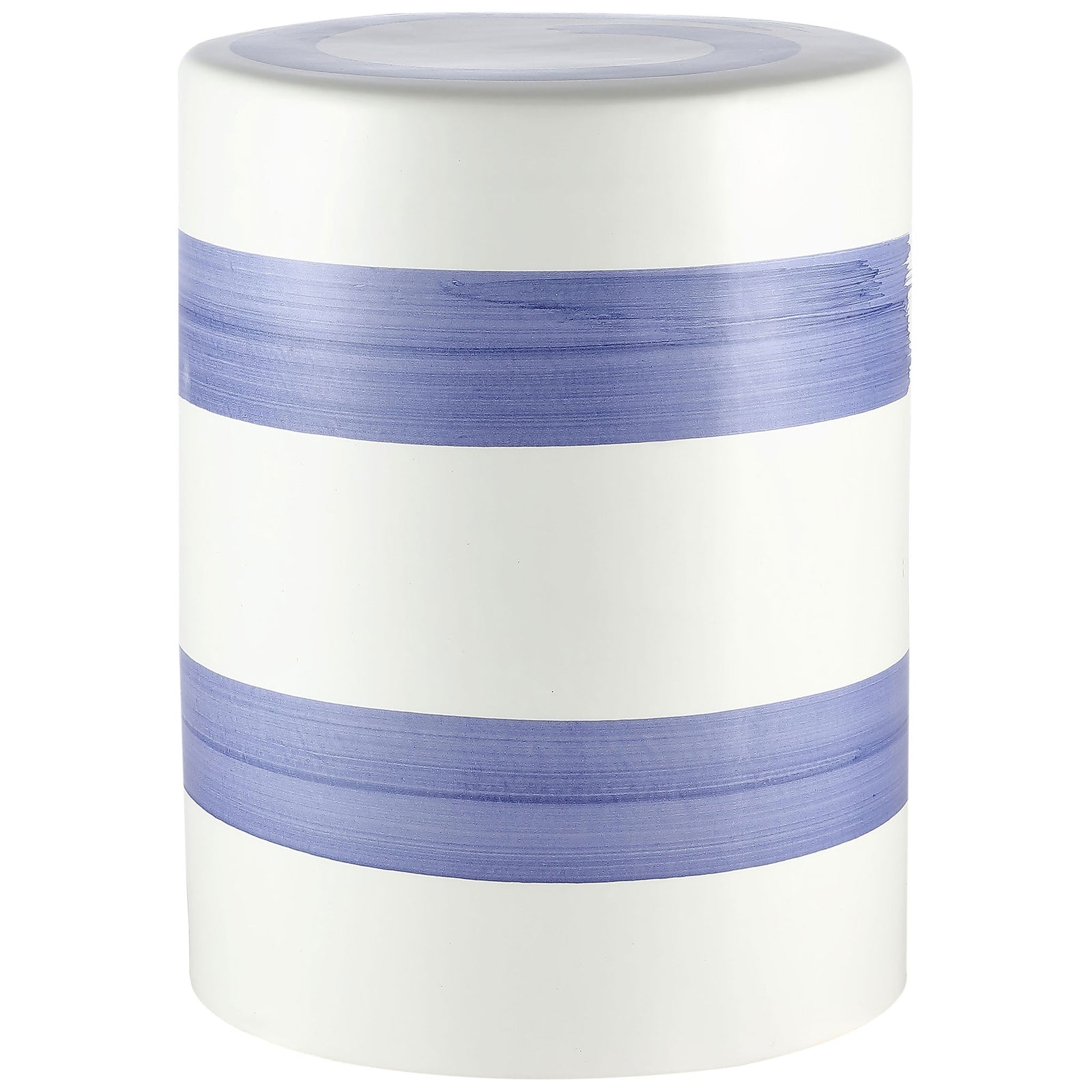 White ceramic garden stool features two wide blue bands and a circular accent on top. || ACS4584A || front_angle_studio