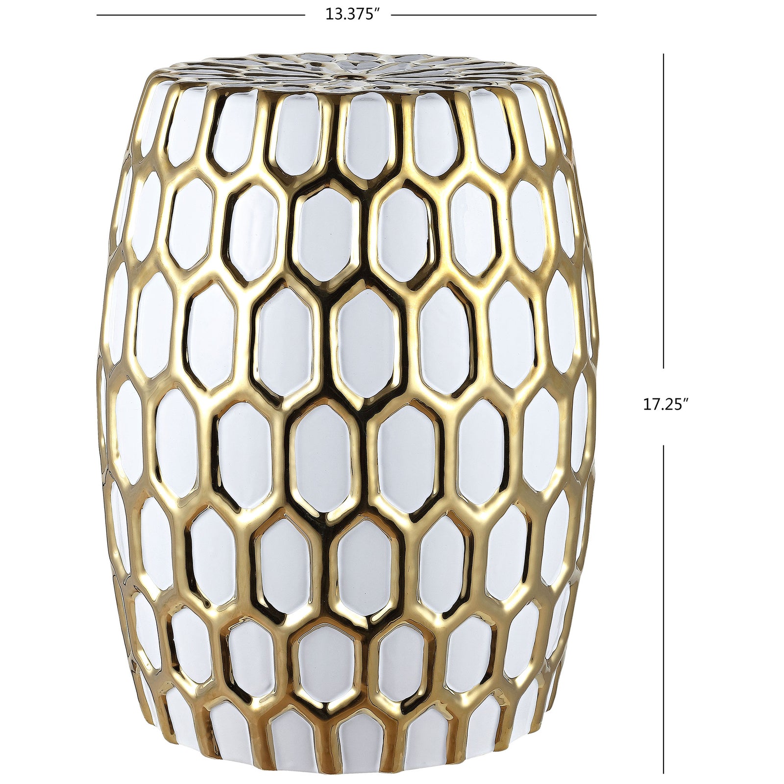 A gold-and-white ceramic garden stool stands 17.25 inches tall with a gently rounded silhouette || ACS4587A || dimension_studio