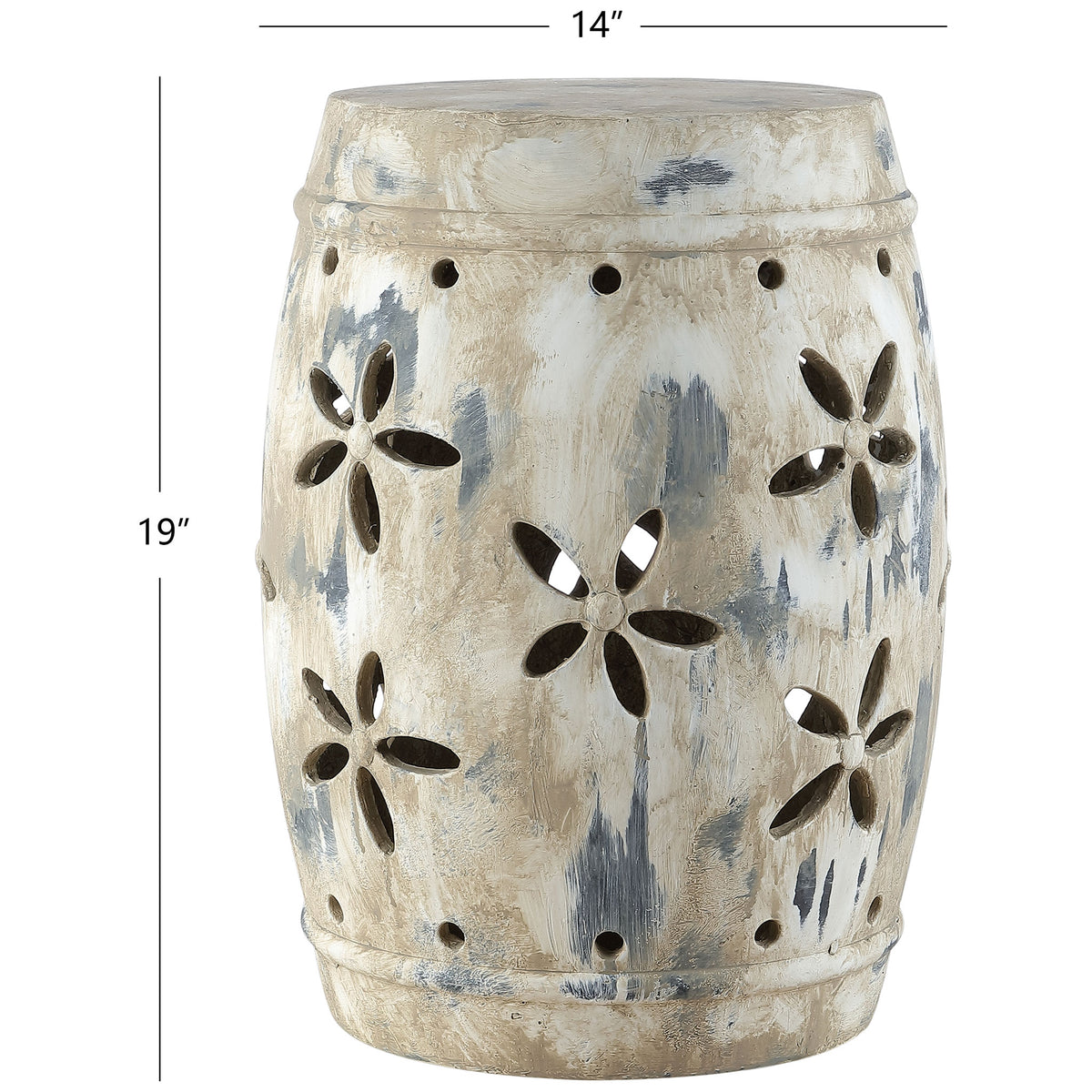 Floral cutouts adorn a ceramic garden stool measuring 14 inches wide and 19 inches tall || ACS4589A || dimension_studio