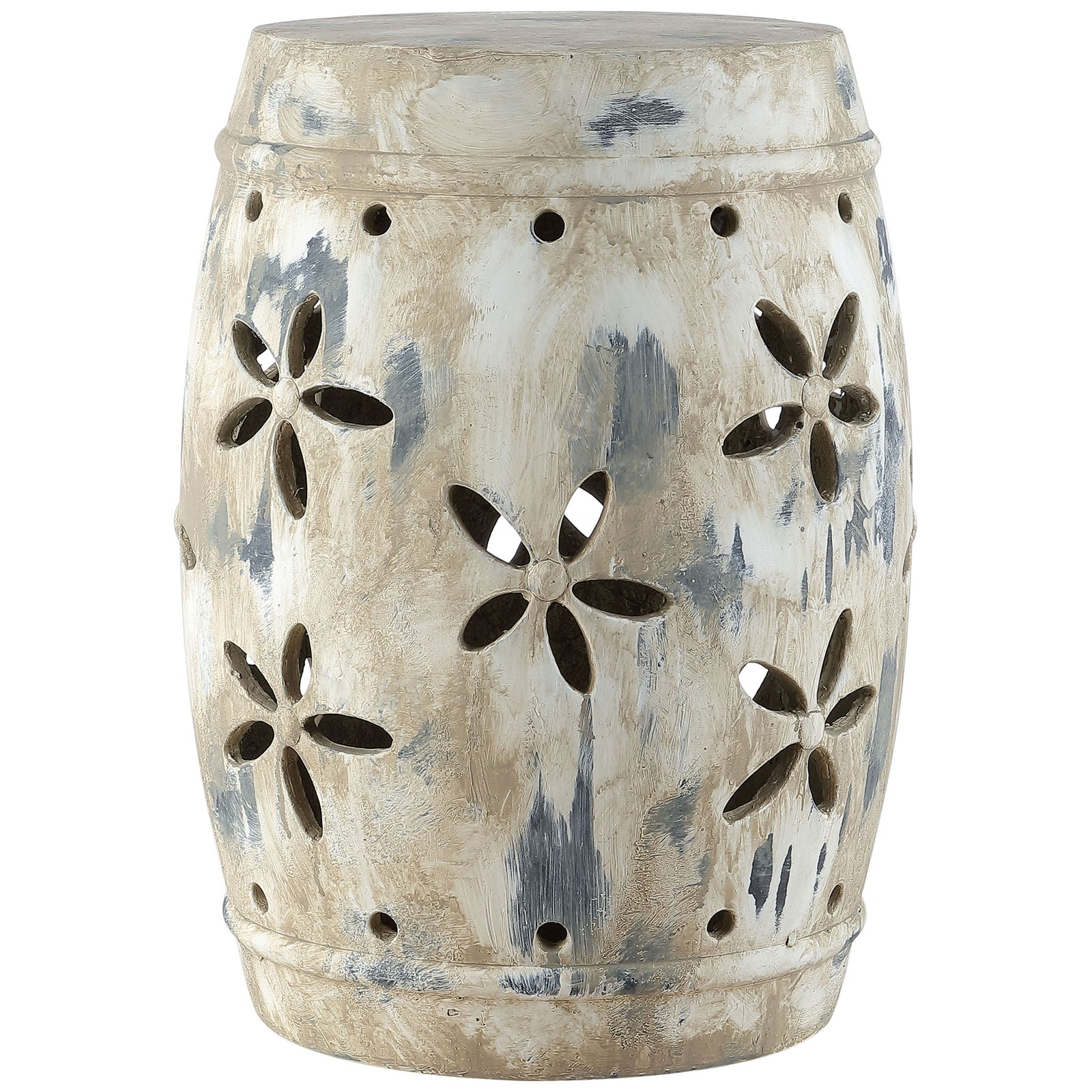 Barrel-shaped garden stool pairs an aged cream glaze with blue-gray accents and flower-shaped openings || ACS4589A || front_studio