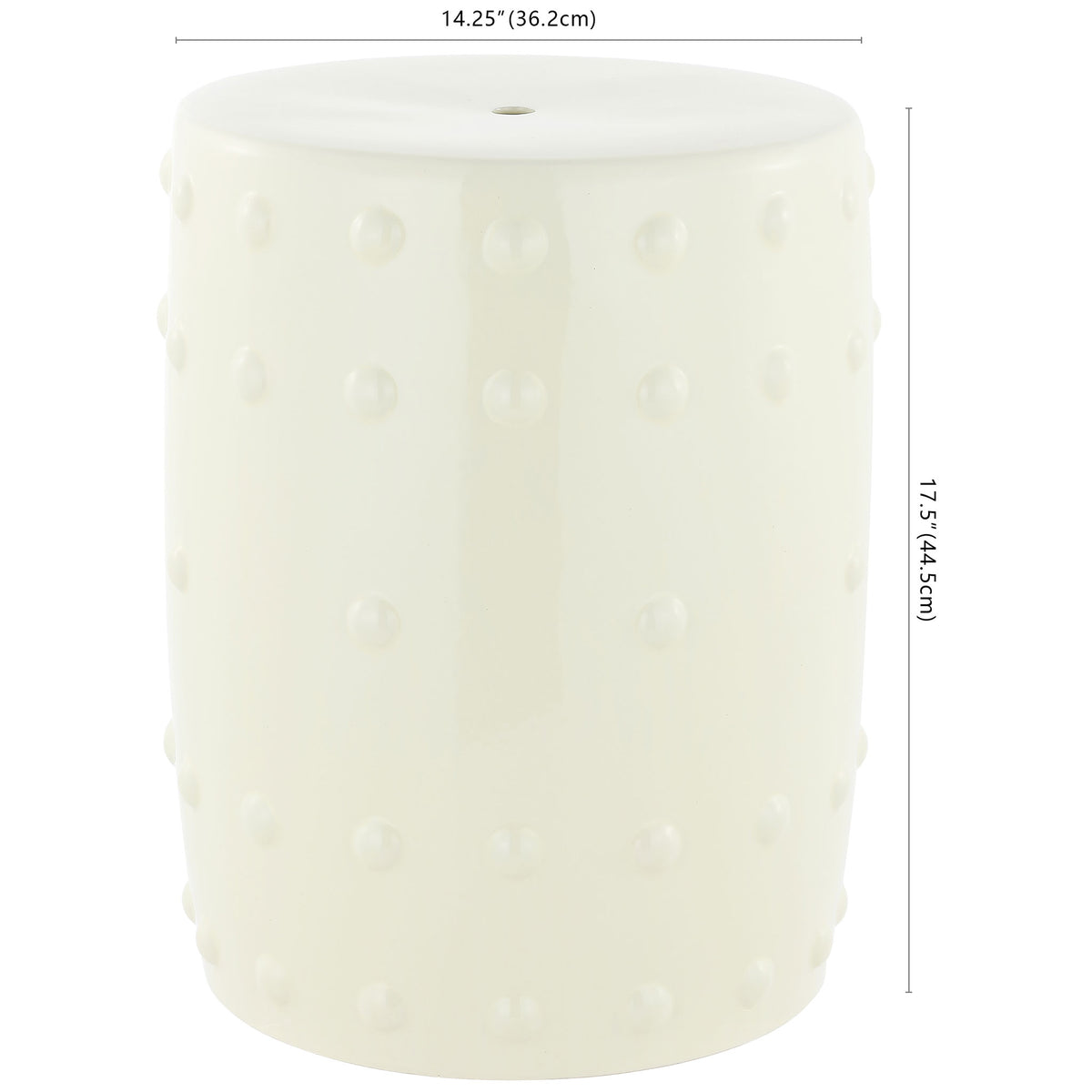 Cream ceramic garden stool with raised dot accents, measuring 14.25 inches wide and 17.5 inches high || ACS4590A || dimension_studio