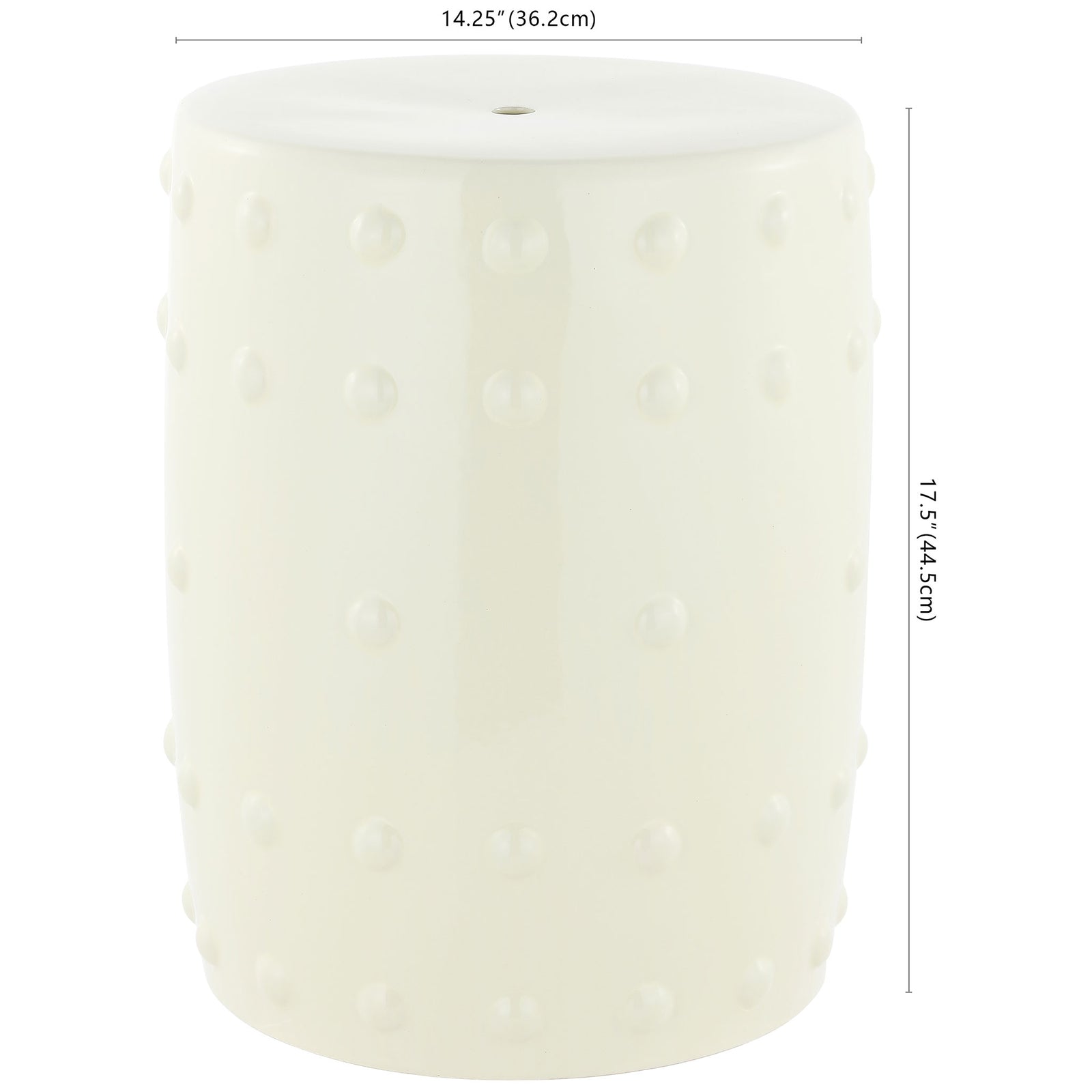 Cream ceramic garden stool with raised dot accents, measuring 14.25 inches wide and 17.5 inches high || ACS4590A || dimension_studio