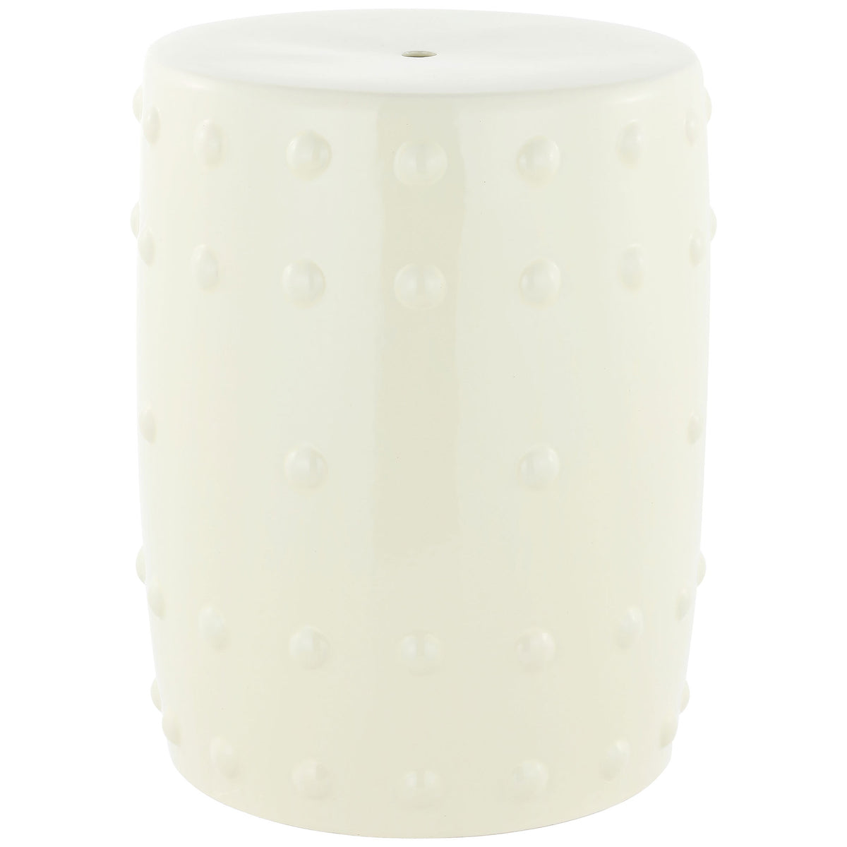 Glossy cream ceramic garden stool with a rounded silhouette, studded sides, and a smooth top || ACS4590A || front_angle_studio