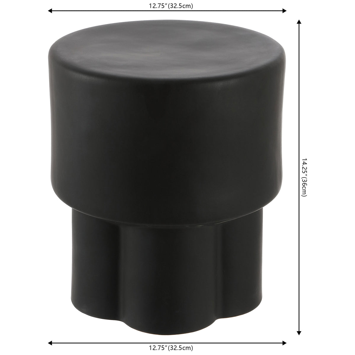 Matte black ceramic stool stands 14.25 inches tall and measures 12.75 inches across || ACS4593A || dimension_studio