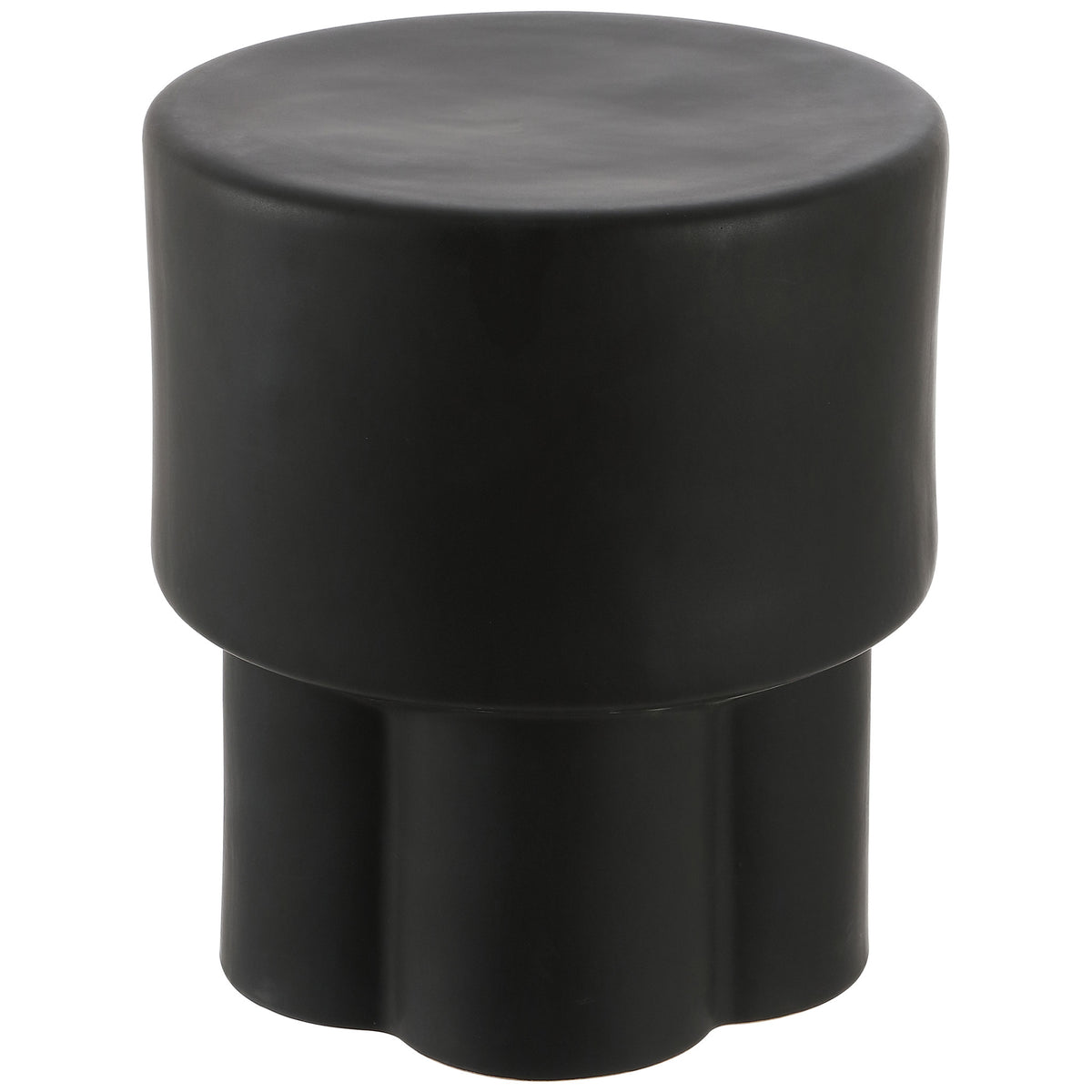 Matte black ceramic garden stool pairs a broad circular seat with a fluted base || ACS4593A || front_studio