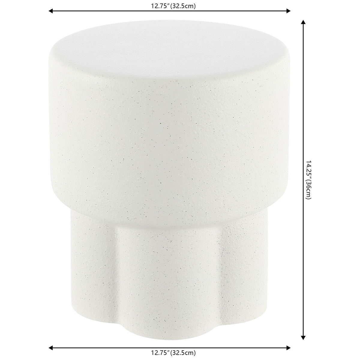 White speckled ceramic garden stool measures 12.75 inches wide and 14.25 inches high || ACS4593B || dimension_studio