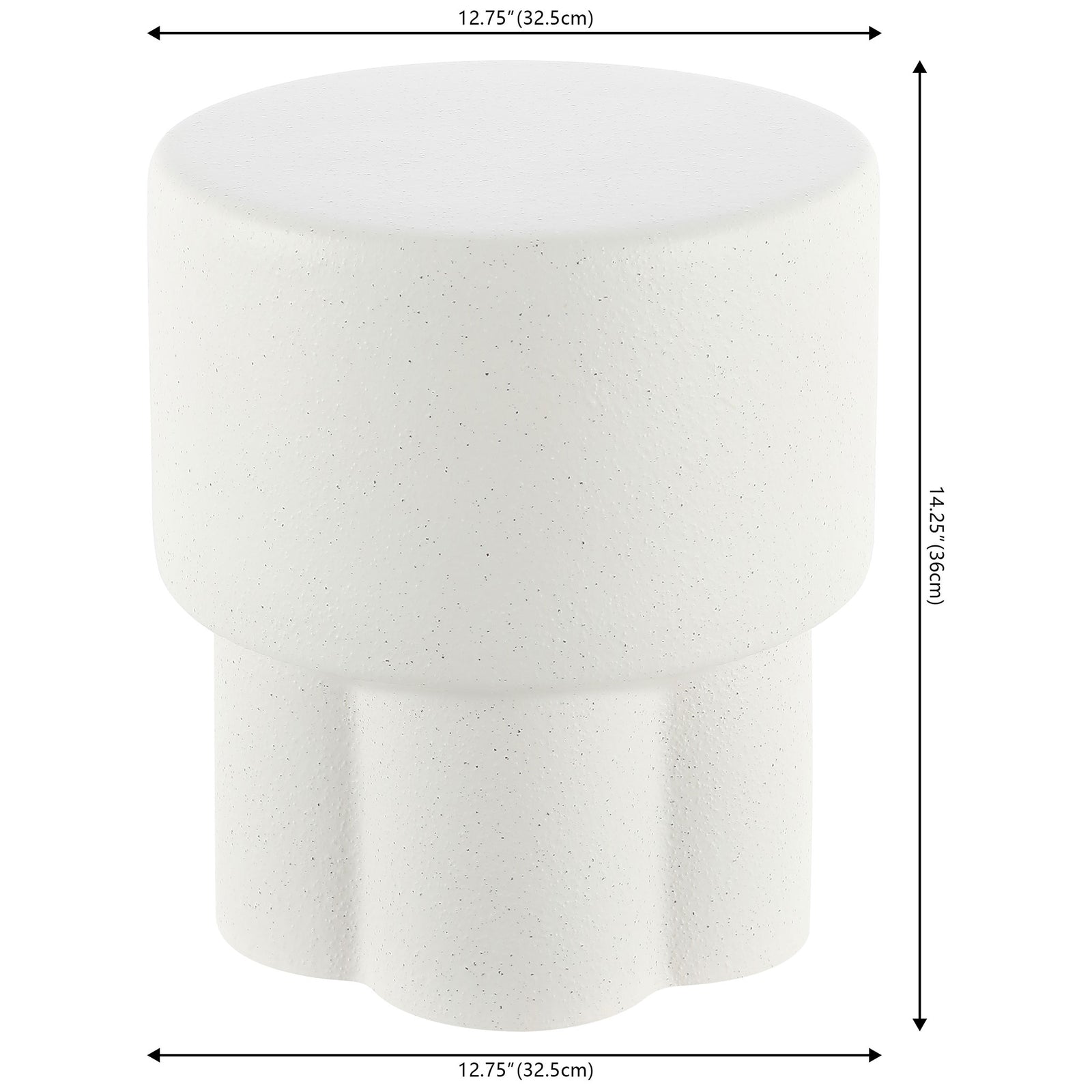 White speckled ceramic garden stool measures 12.75 inches wide and 14.25 inches high || ACS4593B || dimension_studio