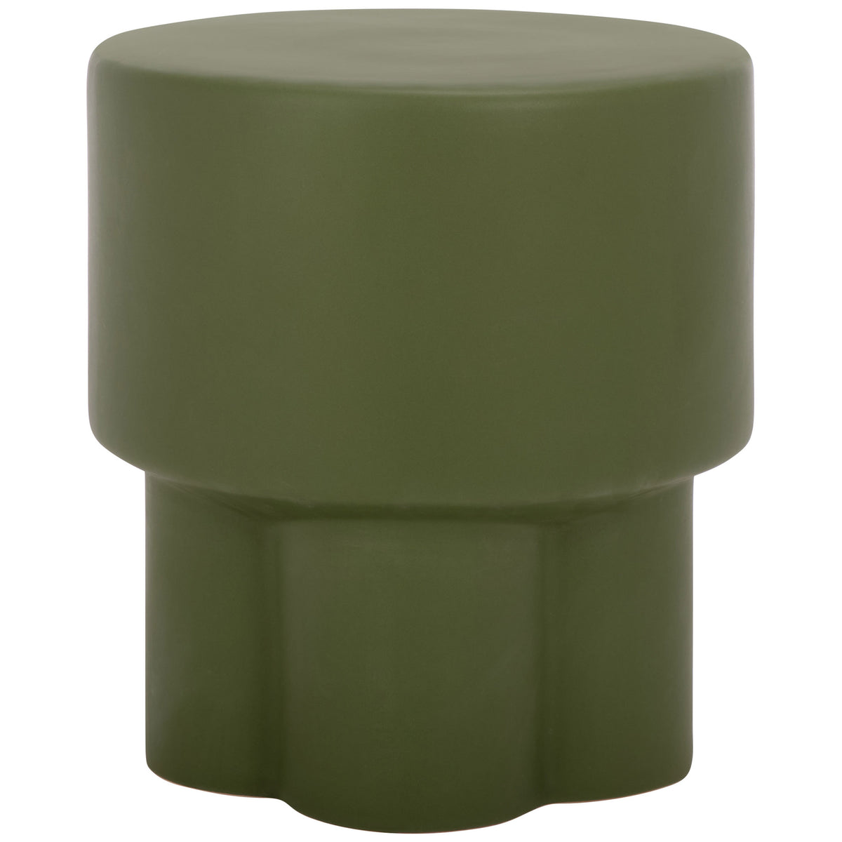 Moss green ceramic garden stool features a wide circular top and scalloped pedestal base || ACS4593D || front_studio